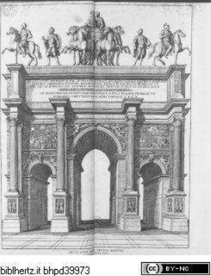 Veteres arcus Augustorum triumphis insignes ex reliquiis quae Romae sunt adhuc supersunt cum imaginibus triumphalibus restituti antiquis nummis notisquae Io. Petri Bellorii illustrati, 1. Ausgabe Romae : Io. Iacobus De Rubeis, MDCXC, Tafel 9: Septimiusbogen, Ostfront