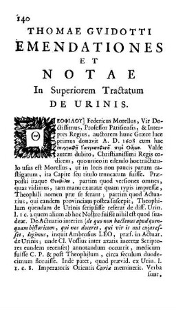 Thomae Gvidotti Emendationes Et Notae In Superiorem Tractatum De Urinis.