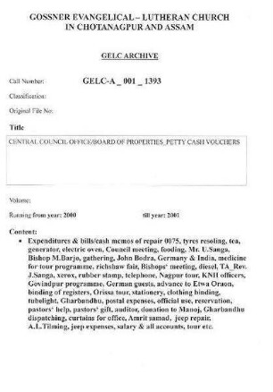 CENTRAL COUNCIL OFFICE/ BOARD OF PROPERTIES, PETTY CASH VOUCHERS