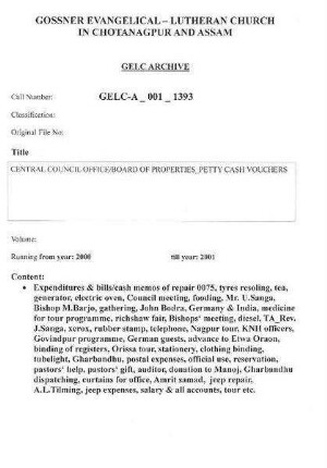 CENTRAL COUNCIL OFFICE/ BOARD OF PROPERTIES, PETTY CASH VOUCHERS