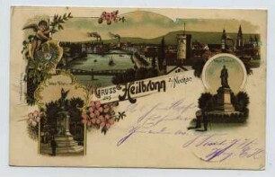 Mehrbildkarte, 3 Motive: Neckaransicht mit Götzenturm, Denkmal Wilhelm I [Kaiser-Wilhelm-Denkmal], Denkmal Friedrich III. [Kaiser-Friedrich-Denkmal]