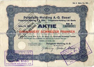 Aktie der Polyphon-Holding A.-G. Basel über 100 Schweizer Franken