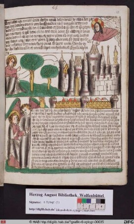 Oben: Das neue Jerusalem (Offenb. 21,1). Unten: Einer der sieben Engel beschreibt Johannes das neue Jerusalem (Offenb. 21,9).