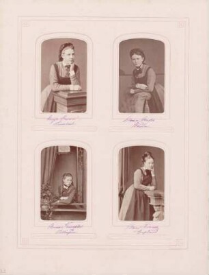 links oben: Schülerin Amy Brown aus Liverpool rechts oben: Schülerin Marie Mayer aus Schopfheim/Baden links unten: Schülerin Anna Kienzler aus Villingen rechts unten: Schülerin Mary Adams aus Nailsea/England [im Großherzoglichen Institut Mannheim]