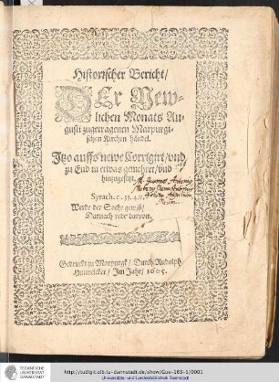 Historischer Bericht, Der Newlichen Monats Augusti zugetragenen Marpurgischen Kirchen händel