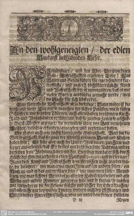 An den wohlgeneigten/ der edlen Baukunst liebhabenden Leser.