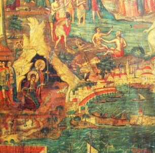 Kreta. Ioannis Kornáros: Miniaturen-Ikone von 1700. Christgeburt und Hafenstadt