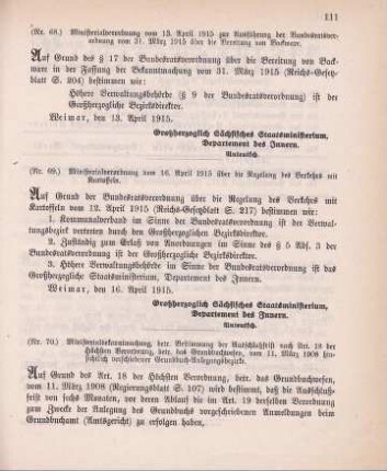 Nr. 68: Ministerialverordnung vom 13. April 1915 zur Ausführung der Bundesratsverordnung vom 31. März 1915 über die Bereitung von Backware