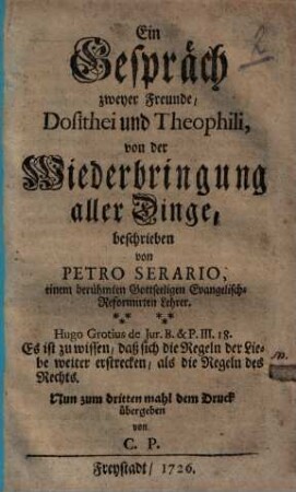 ein Gespräch zweyer Freunde, Dosithei und Theophili, von der Wiederbringung aller Dinge