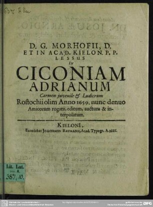 D. G. Morhofii lessus in ciconiam Adrianum : carmen juvenile et ludicrum