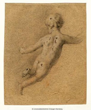 Nach rechts fliegender Putto (ohne Flügel), vom Rücken gesehen
