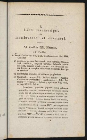1-8, A) Codices Bibl. Hebraici - D) Codices MSS. Arabici, Persici, atque Turcici