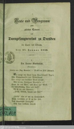 Texte und Programm zum zweiten Concert des Turngesangvereins zu Dresden : im Saale des Odeum, den 27. Januar 1848
