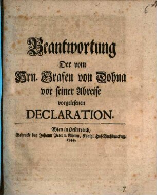 Beantwortung der vom Herrn Grafen von Dohna vor seiner Abreise vorgelesenen Declaration