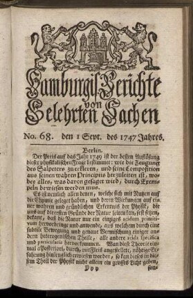 No. 68. den 1 Sept. des 1747 Jahres. - No. 76. den 29 Sept. des 1747 Jahres.