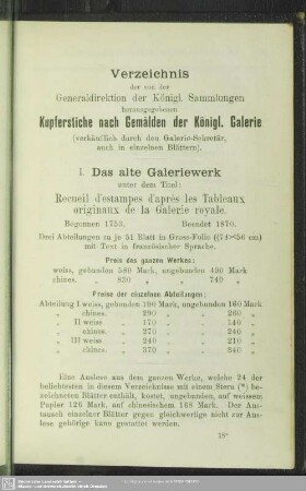Verzeichnis der von der Gneraldirektion der Königl. Sammlungen hrsg. Kupferstiche nach Gemälden der Königl. Galerie
