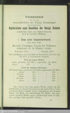 Verzeichnis der von der Gneraldirektion der Königl. Sammlungen hrsg. Kupferstiche nach Gemälden der Königl. Galerie