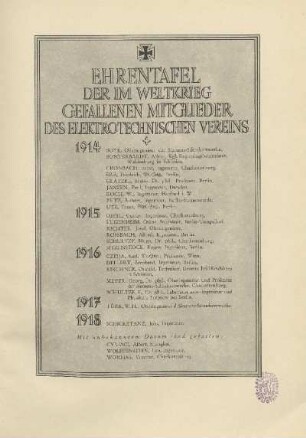 Ehrentafel der im Weltkrieg gefallenen Mitglieder des elektronischen Vereins