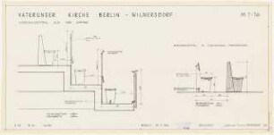 Vaterunser-Kirche Detmolderstraße/Blissestraße, Berlin-Wilmersdorf: Kirchengestühl auf der Empore, Schnitt durch die Empore 1:10, Kirchengestühl im Kirchensaal, EG, Schnitt, Seitenansicht, 1:10
