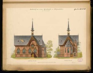 Gutskirche Monatskonkurrenz Januar 1883: Aufriss Seitenansicht, Choransicht; Maßstabsleiste