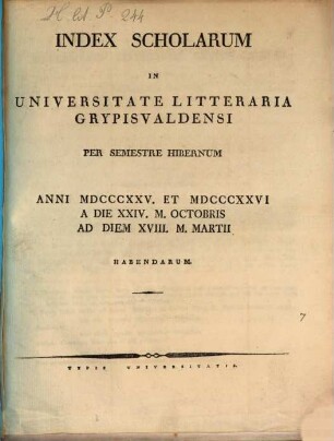Index scholarum in Universitate Litteraria Gryphiswaldensi ... habendarum, WS 1825/26