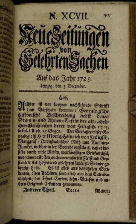 N. XCVII. Leipzig, den 3 December. - N. CV. Leipzig, den 31 December.