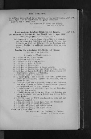 No. 51. Bekanntmachung, betreffend Abänderung der Taxasätze für unbearbeitete Tabakblätter und Stengel, vom 1. April 1884.