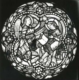 Verkündigung an Maria. Scheibe aus Merseburg, Sankt Johannes Baptista und Laurentius, Westvorhalle I (2). Glasmalerei, um 1260. Erfurt: Museen der Stadt Erfurt, Angermuseum. Ausstellung "Mittelalterliche Glasmalerei in der DDR", Erfurt 1989/1990. Kat. Nr. 12