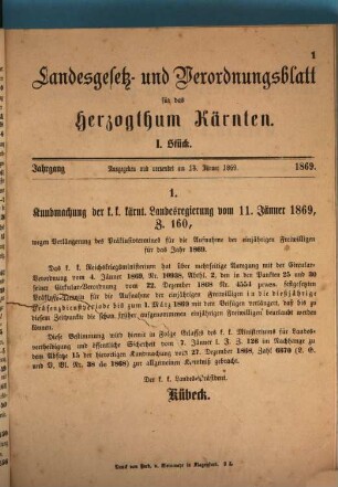 Landes-Gesetz- und Verordnungsblatt für das Herzogthum Kärnten. 1869