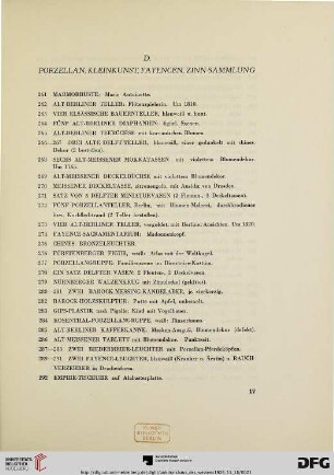 D. Porzellan, Kleinkunst, Fayencen, Zinn-Sammlung (Nr. 261-346)