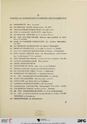 D. Porzellan, Kleinkunst, Fayencen, Zinn-Sammlung (Nr. 261-346)