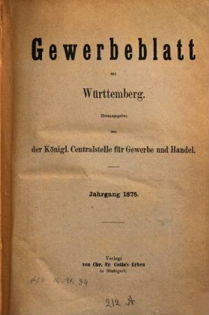 Gewerbeblatt aus Württemberg. 1875