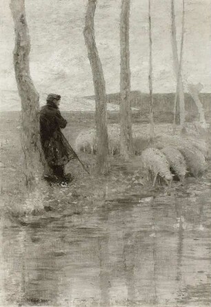 Schäfer und Schafe am Wasser