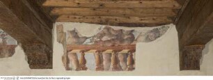 Illusionistische Freskendekoration mit Landschaftsdarstellungen auf gemalten Wandteppichen zwischen Architekturrahmungen, Bildfragment mit Balustrade und Putten