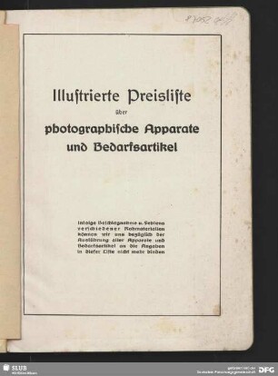 Illustrierte Preisliste über photographische Apparate und Bedarfsartikel