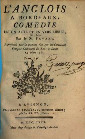 L' Anglois à Bordeaux : comédie en un acte et en vers libres