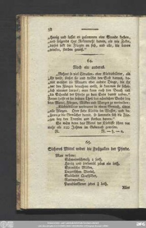 65. Sicheres Mittel wider die Fußgallen der Pferde.