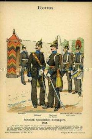 Uniformdarstellung, Gemeiner, Adjutant, Leutnant, Unteroffizier und Tambour der Infanterie, Fürstentum Reuß, 1859.
