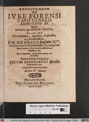 Conclusionum De Iure Forensi Varii Generis Exercitatio XI.