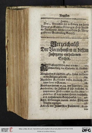 Verzeichnueß der Vornehmsten in diesem Jahrgang enthaltenen Sachen
