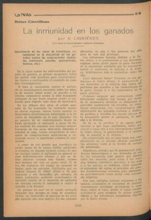 Notas científicas : La inmunidad en los ganados