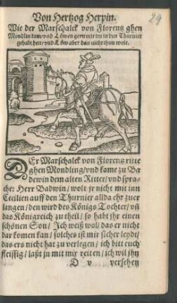 Wie der Marschalck von Florentz ghen Mondlin kam/ und Löwen gern mit im in den Thurnier gehabt hett/ ...