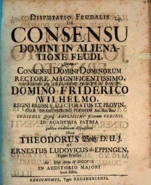 Disp. ... de consensu domini in alienatione feudi