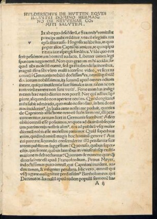 Huldericus De Hutten Eques Illustri Domino Hermanno De Neuvenar Comiti Salutem.