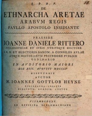 De ethnarcha Aretae, Arabum regis, Paullo Apostolo insidiante