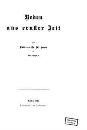 Reden aus ernster Zeit / von M. Lewin