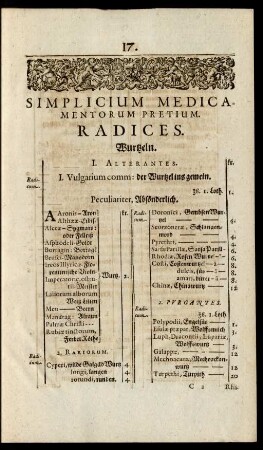 Simplicium Medicamentorum Pretium. Radices. Wurtzeln.