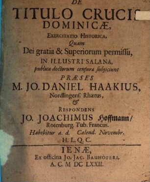 De Titulo Crucis Dominicae, Exercitatio Historica