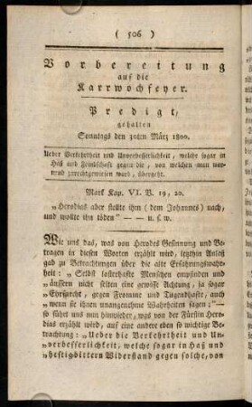 506-516, Vorbereitung auf die Karrwochfeyer. Predigt, gehalten Sonntags den 30ten Maerz 1800.