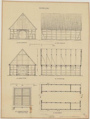 Hentrup (Kreis Beckum): Hof Schulte Hollenhorst. - Scheune (Grundriss, Ostansicht, Südansicht, Schnitte). - Kammerfenster im Haupthaus (Ansicht, Schnitt)